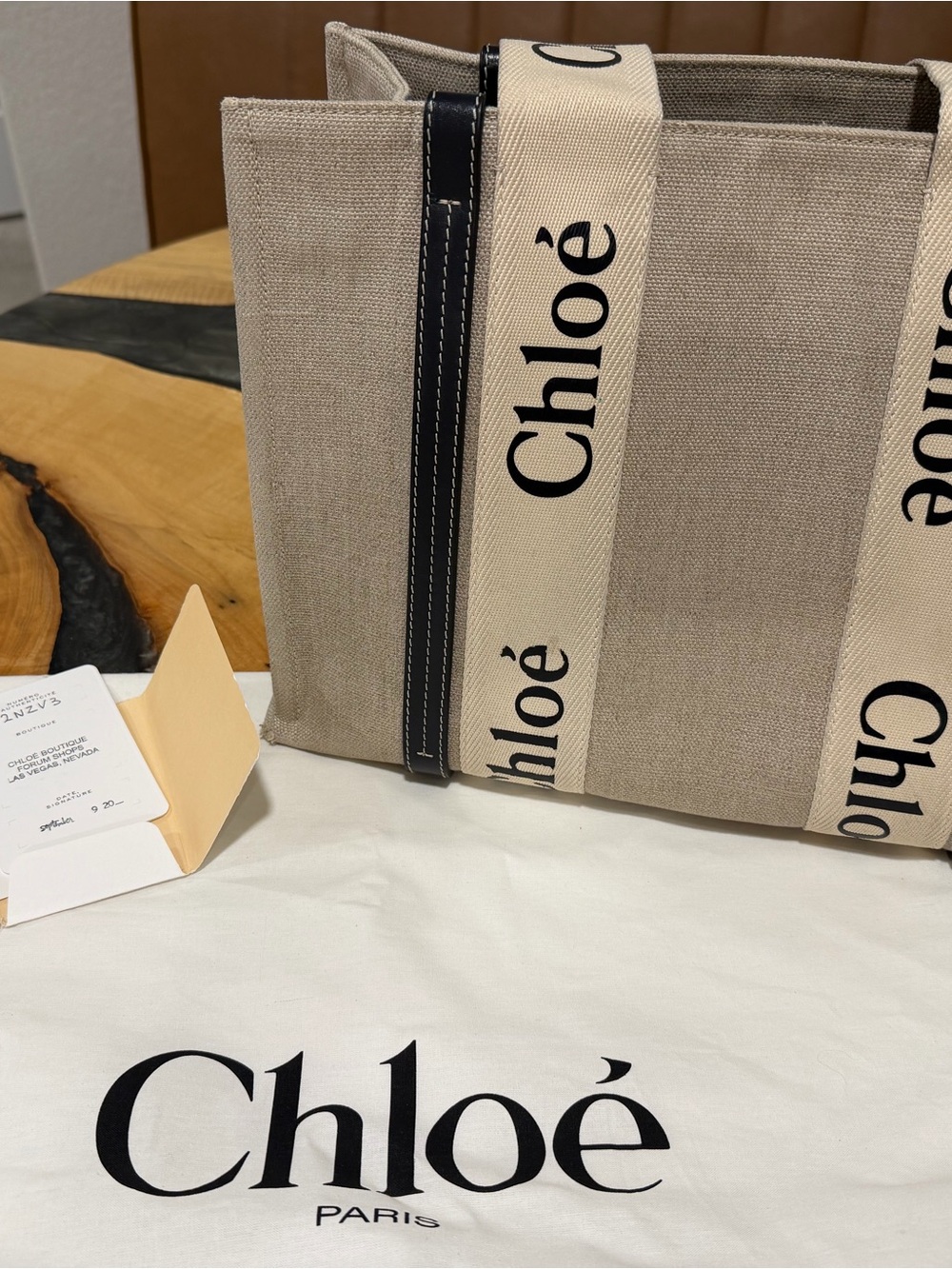 Chloé Beige Canvas Tote with Navy Trim and Branded Straps